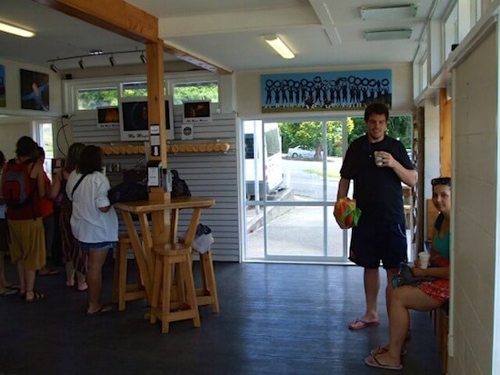 Chilling out with a hot drink at CaveWorld Waitomo headquarters