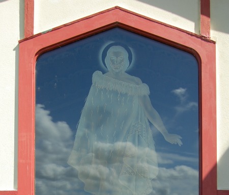 St Faiths Church, Ohinemutu, Rotorua, NZ. Christ etched in a stained glass window