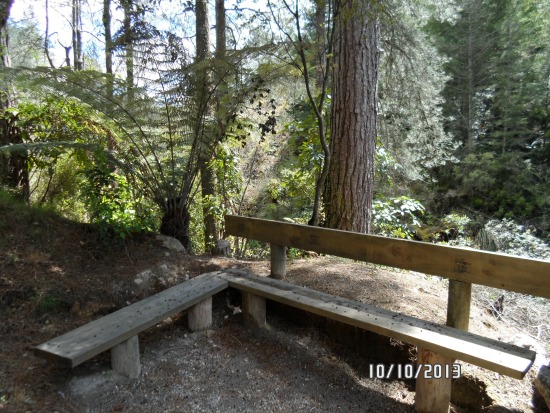 Wooden seating at the top of a climb on the Hemo Gorge Trail. Seating on the Hemo Gorge Trail (part of the Te Ara Ahi Trail) Walk