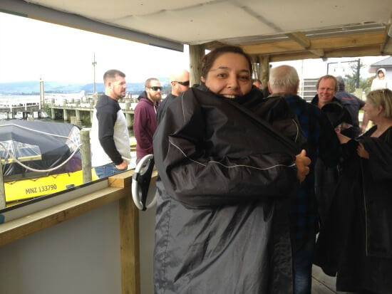 My daughter Elise getting outfitted for her Lake Rotorua jet boat ride experience.