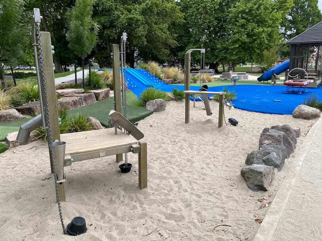 Playground buckets and slides on the shores of Lake Rotorua.