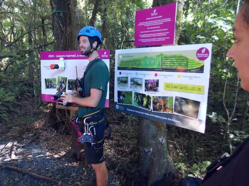 Canopy tour guide giving conservation talk at Dansey Reserve, Rotorua.